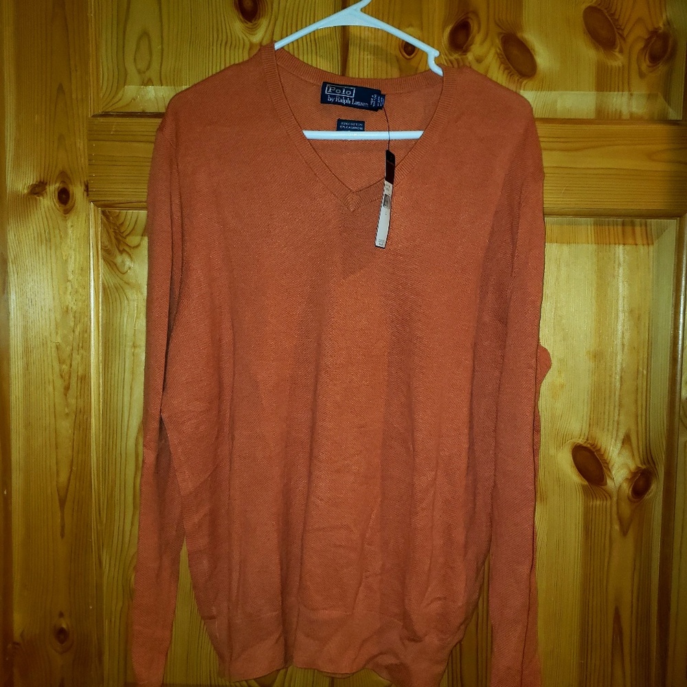 NWT Polo by Ralph Lauren V Neck Shirt L Orange Cashmere $145